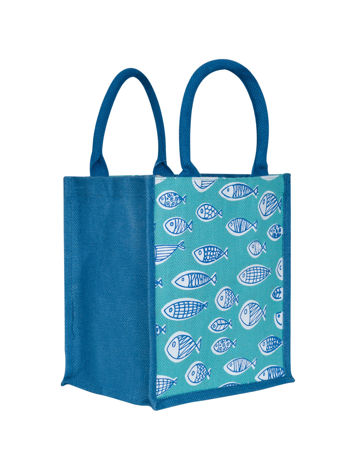 JUTE COTTAGE FISH PRINT ZIPPER LUNCH BAG, SUSTAINABLE, ECO-FRIENDLY, 100% GENUINE JUTE, STYLISH (BRIGHT BLUE 11X10X7)