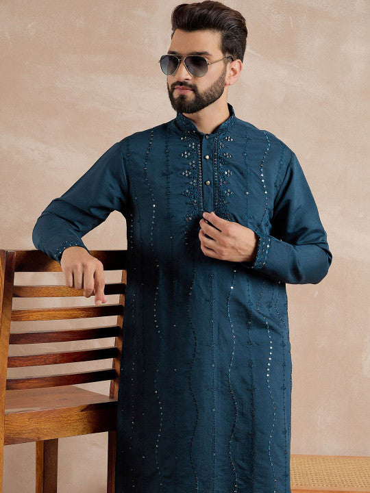 Anouk Floral Embroidered Mandarin Collar Mirror Work Straight Kurta