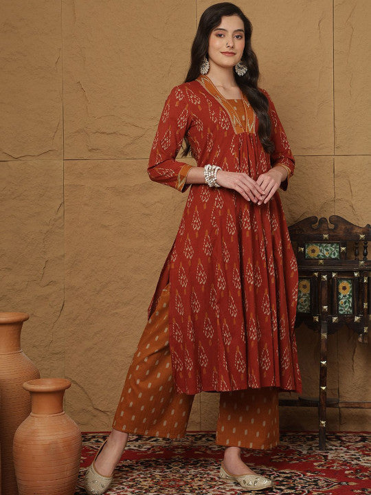 Sangria Ethnic Motifs Printed Pleated Pure Cotton Anarkali Kurta with Palazzos & Dupatta