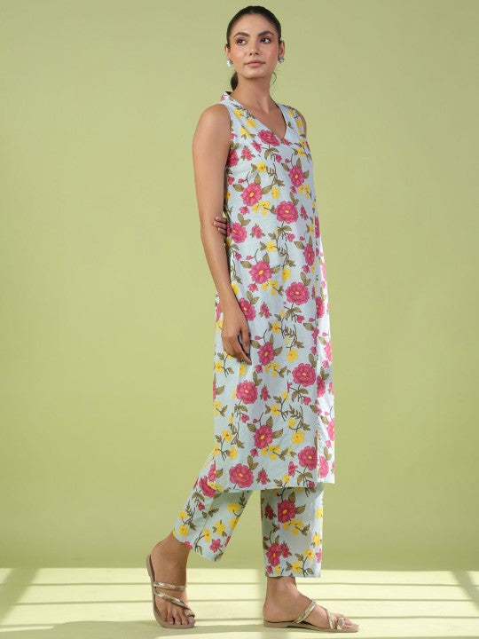 anayna Women Floral Printed Cotton Kurta with Trouser