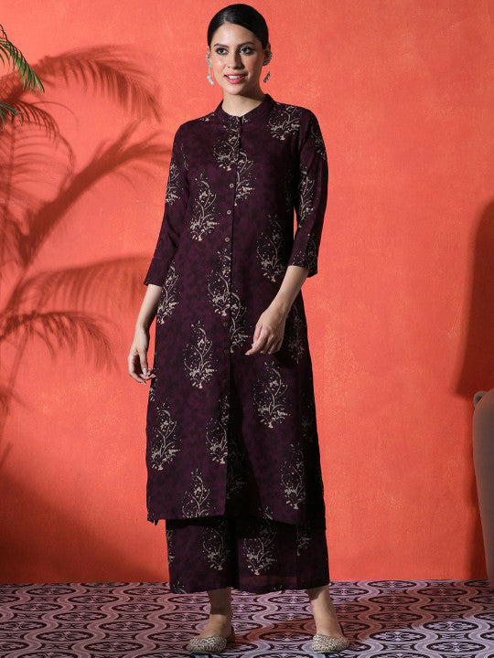 Sangria Floral Printed Mandarin Collar A-Line Kurta With Palazzos