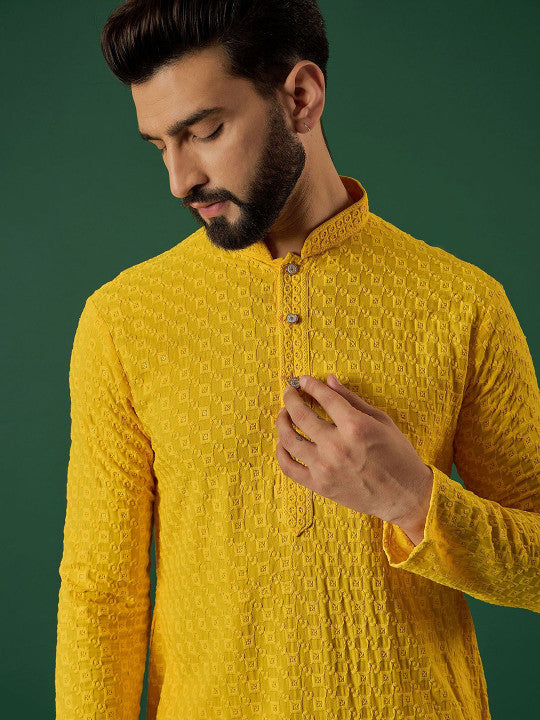 Anouk Geometric Embroidered Mandarin Collar Sequinned Straight Kurta