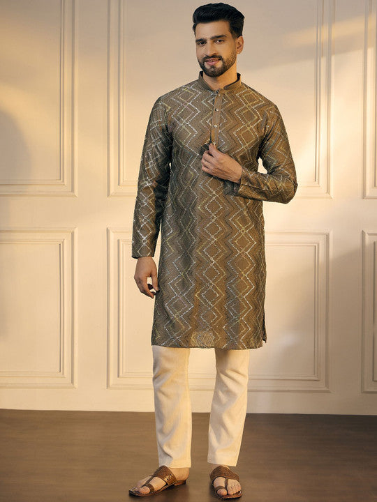 Anouk Grey Chevron Embroidered Gotta Patti Mandarin Collar Pure Cotton Straight Kurta
