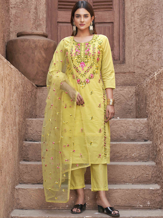 Tikhi Imli Women Embroidered Regular Thread Work Pure Cotton Kurta with Trousers & With Dupatta
