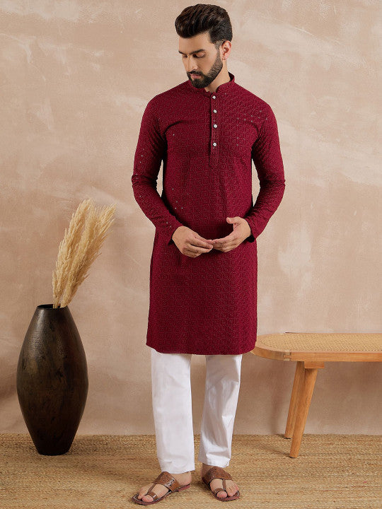 Anouk Geometric Embroidered Mandarin Collar Sequinned Straight Kurta