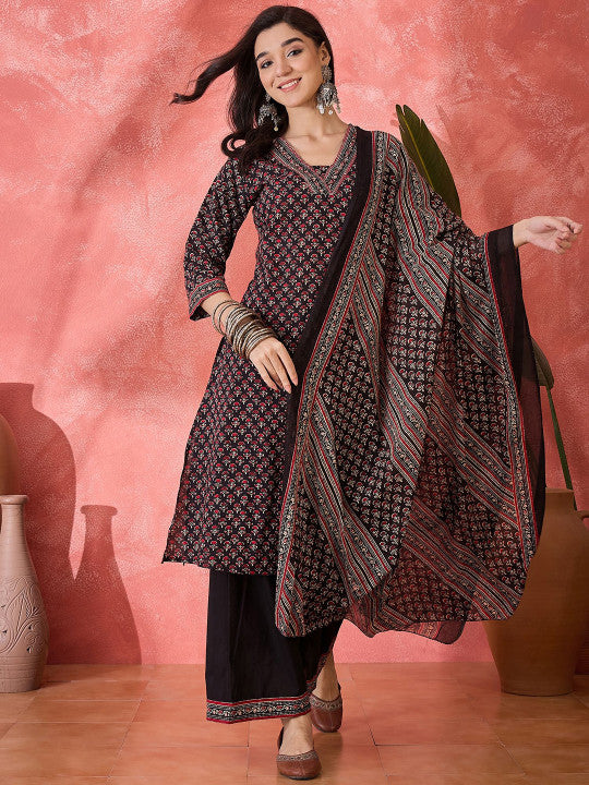 Floral Printed Pure Cotton Straight Kurta & Palazzos With Dupatta