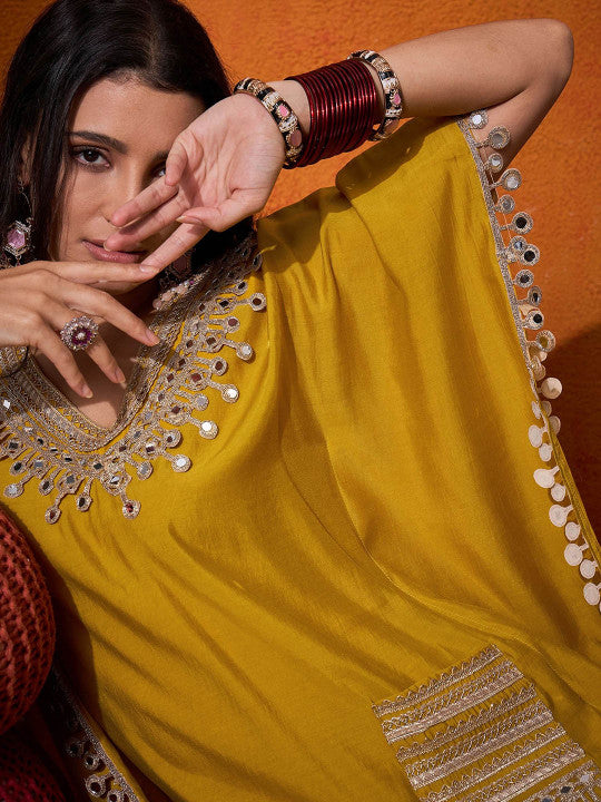 Sangria V-Neck Short Sleeves Regular Mirror Work A-Line Kaftan With Trouser