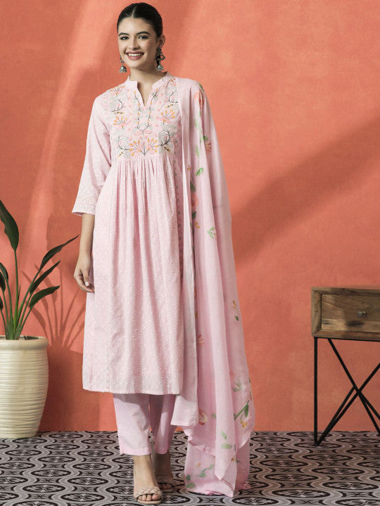 Sangria Floral Embroidered Mandarin Collar Cotton A-Line Kurta With Trouser & Dupatta