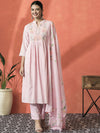 Sangria Floral Embroidered Mandarin Collar Cotton A-Line Kurta With Trouser & Dupatta