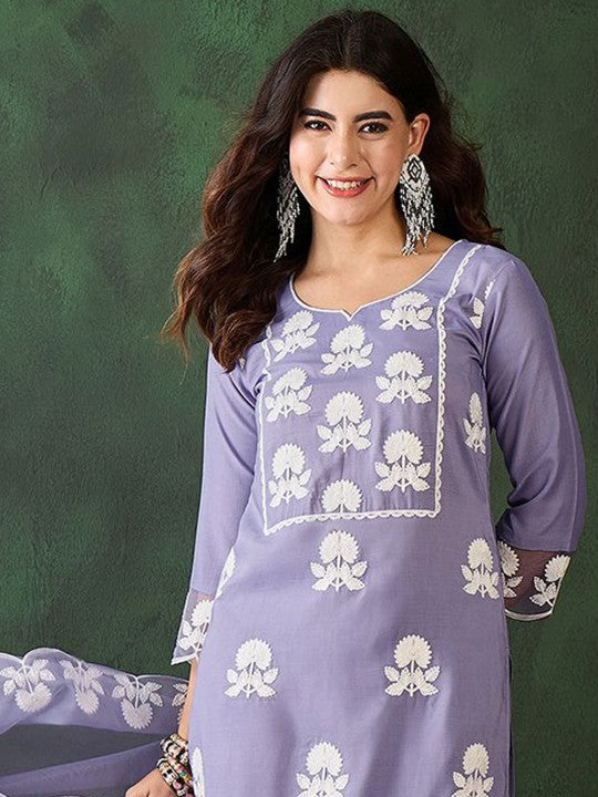 Sangria Embroidered Thread Work Notch Neck Straight Kurta & Trousers With Dupatta