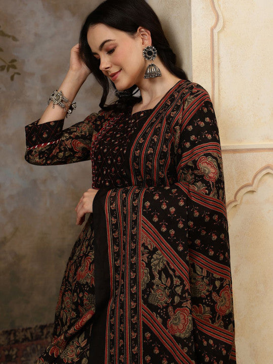 Sangria Black Floral Printed Pure Cotton Anarkali Kurta With Trousers & Dupatta