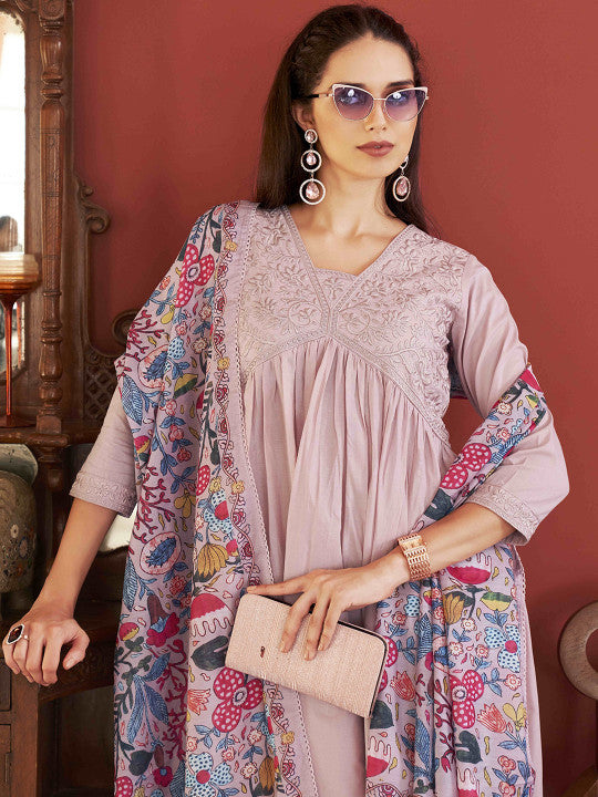 Tikhi Imli Floral Embroidered Pure Cotton Empire A-Line Kurta With Trousers & Dupatta