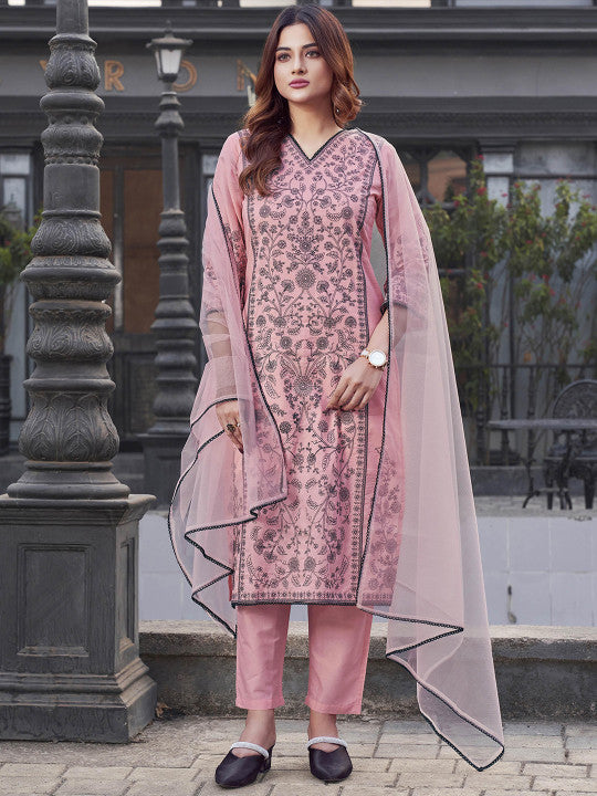 Tikhi Imli Women Embroidered Regular Thread Work Pure Cotton Kurta with Trousers & With Dupatta