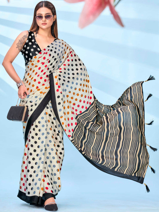 Polka Dot Satin Ready To Wear Saree With Blouse Piece