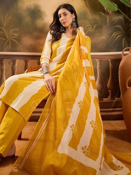 Sangria Women Striped Pure Cotton Straight Kurta & Trousers With Printed Dupatta