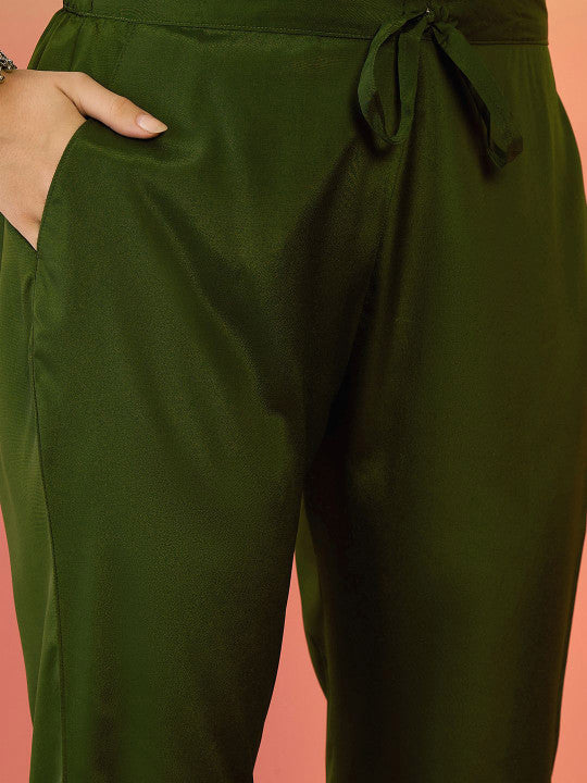 Sangria Floral Zari Work V-Neck Empire A-Line Kurta With Trousers And Dupatta