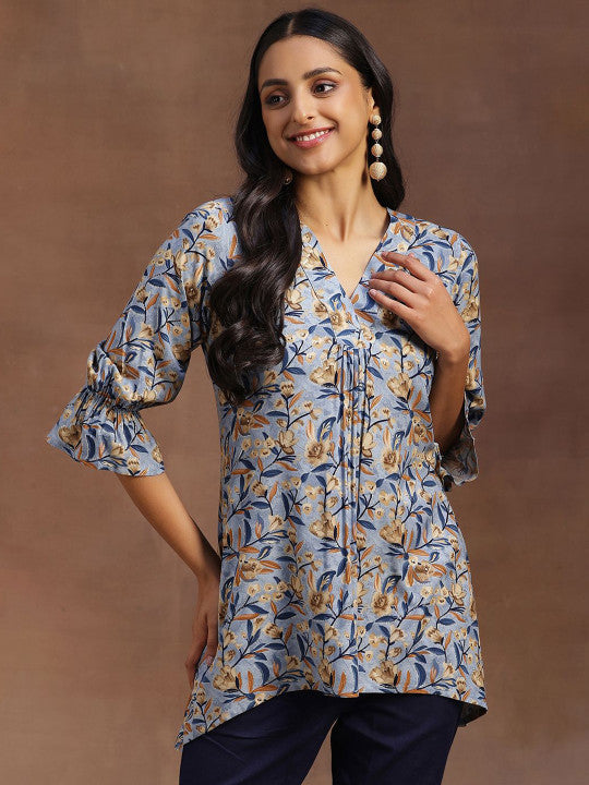 Floral Printed V-Neck Pleated Kurti