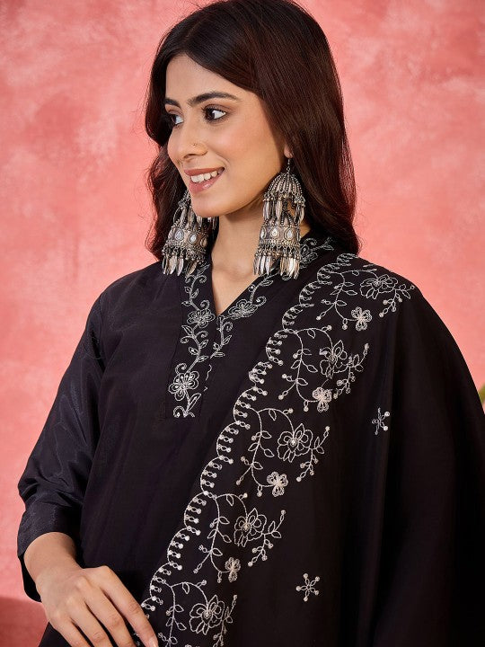 Women Floral Embroidered Silk Kurta with Trousers & Dupatta