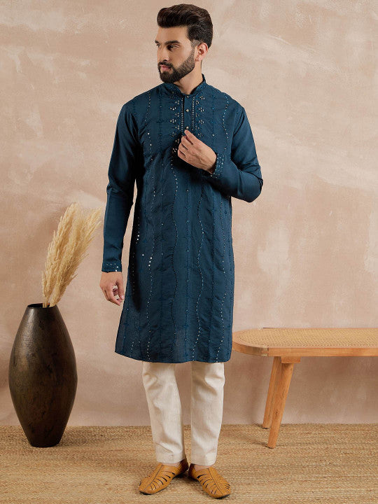 Anouk Floral Embroidered Mandarin Collar Mirror Work Straight Kurta