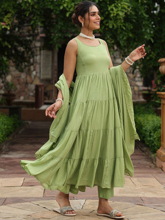 anayna Women Round Neck Tiered Anarkali Kurta & Trousers With Dupatta