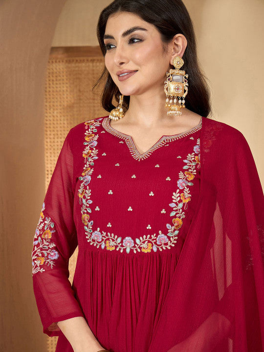 Sangria Women Floral Embroidered A-Line Kurta with Trousers & Dupatta
