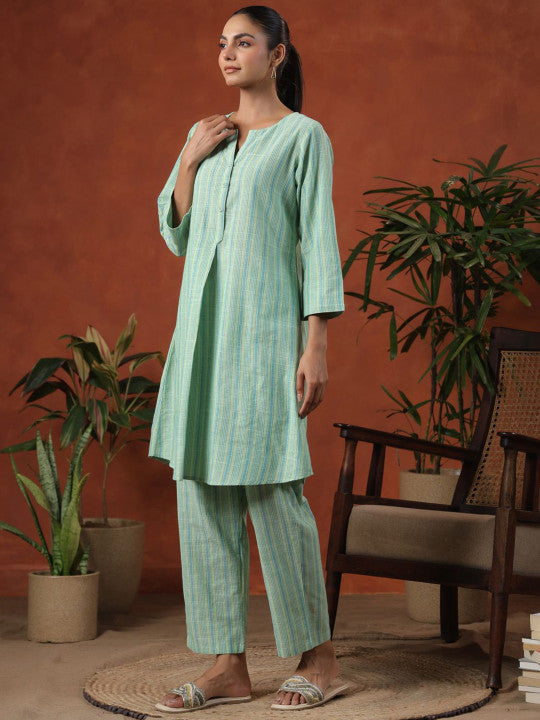anayna Women Striped Pure Cotton Kurta with Trousers