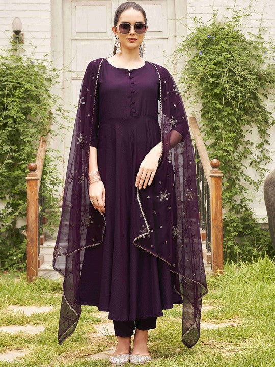 Tikhi Imli Round Neck Anarkali Kurta with Trousers & Dupatta