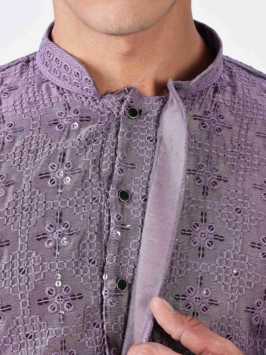 Anouk Purple Ethnic Embroidered Mandarin Collar Sequinned Lucknowi Cotton Straight Kurta