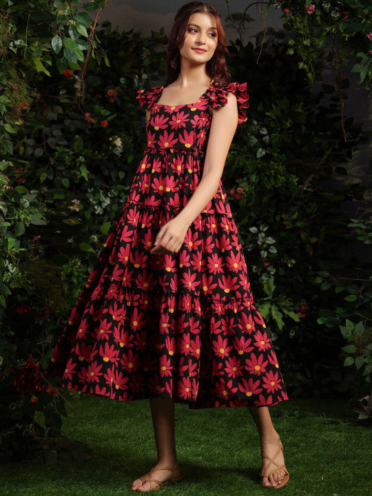 Anayna Floral Printed Fit & Flare Ethnic Midi Dress