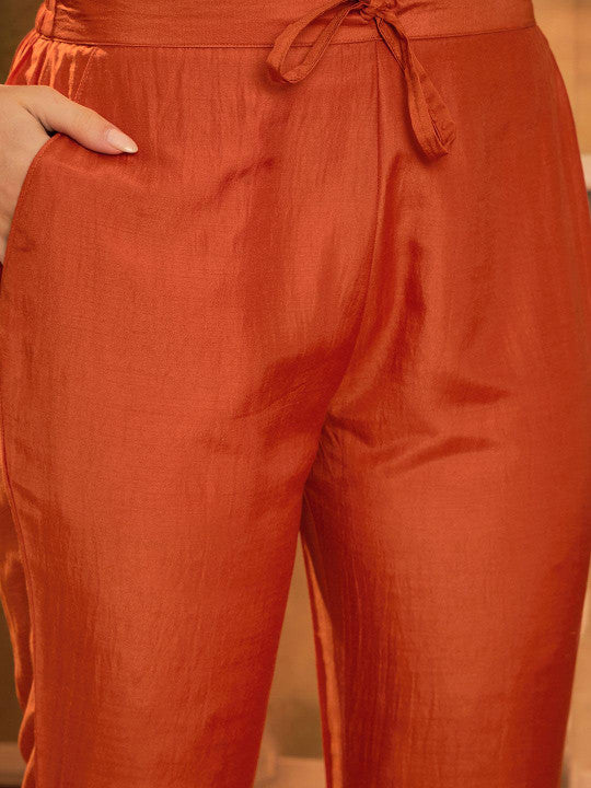 Sangria Floral Yoke Design V-Neck Sequinned Chinon A-Line Kurta With Trousers & Dupatta