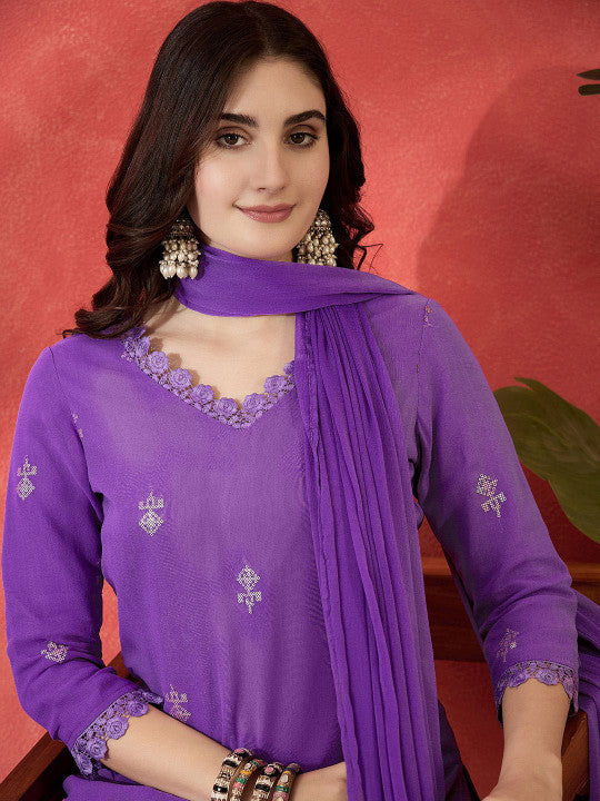 Sangria Floral Embroidered V-Neck Sequinned Straight Kurta Trousers & Dupatta