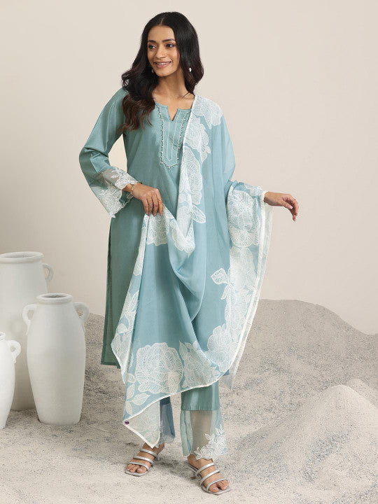 Libas Women Ethnic Motifs Yoke Design Regular Beads and Stones Kurta with Trousers & With Dupatta