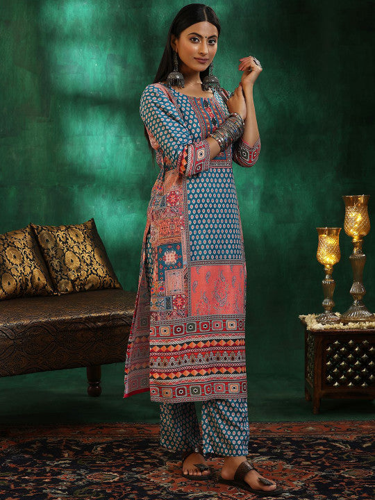 Libas Floral Printed Regular Mirror Work Linen Straight Kurta with Trousers & Dupatta