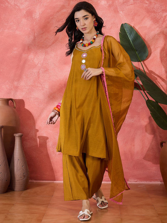 Sangria Embroidered Shoulder Straps Kurta With Trouser & Dupatta