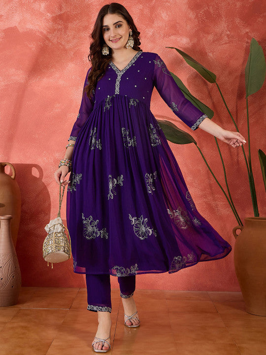 Sangria Embroidered V-Neck Anarkali Georgette Kurta & Trousers