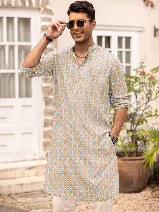 Anouk Geometric Embroidered Mandarin Collar Straight Chikankari Work Cotton Kurta