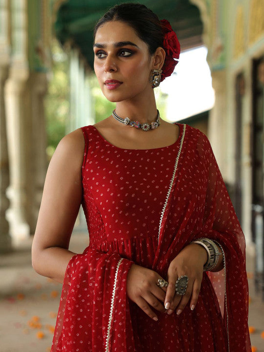 Anayna Women Bandhani Printed Tiered Gotta Patti Kurta with Trousers & Dupatta