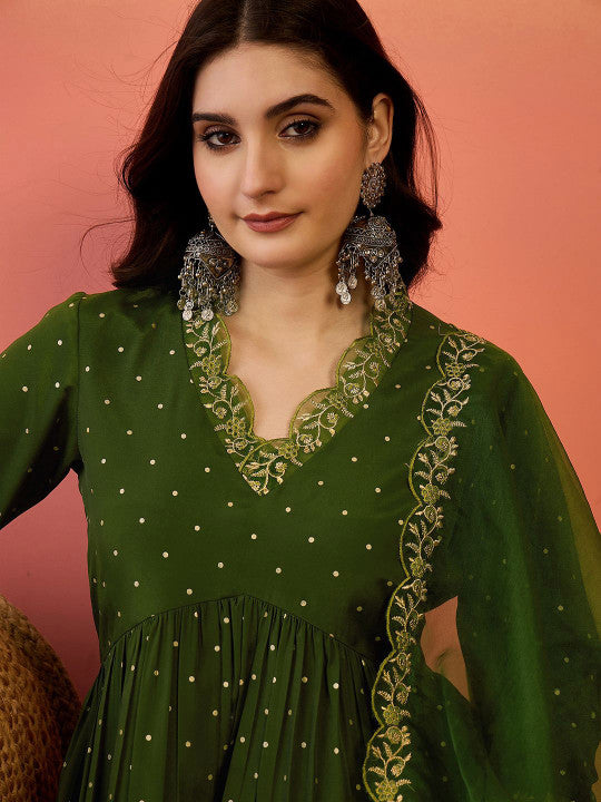 Sangria Floral Zari Work V-Neck Empire A-Line Kurta With Trousers And Dupatta