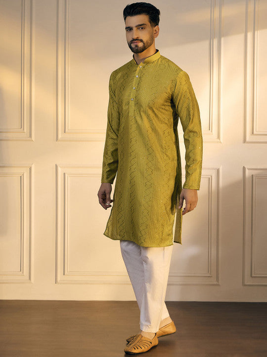 Mustard Geometric Embroidered Mandarin Collar Pure Cotton Straight Kurta