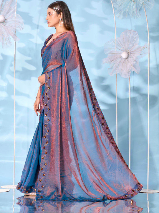 Embellished Satin Two Toned Saree With swaroski Border and sequinned butta