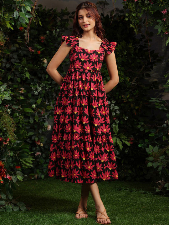Anayna Floral Printed Fit & Flare Ethnic Midi Dress