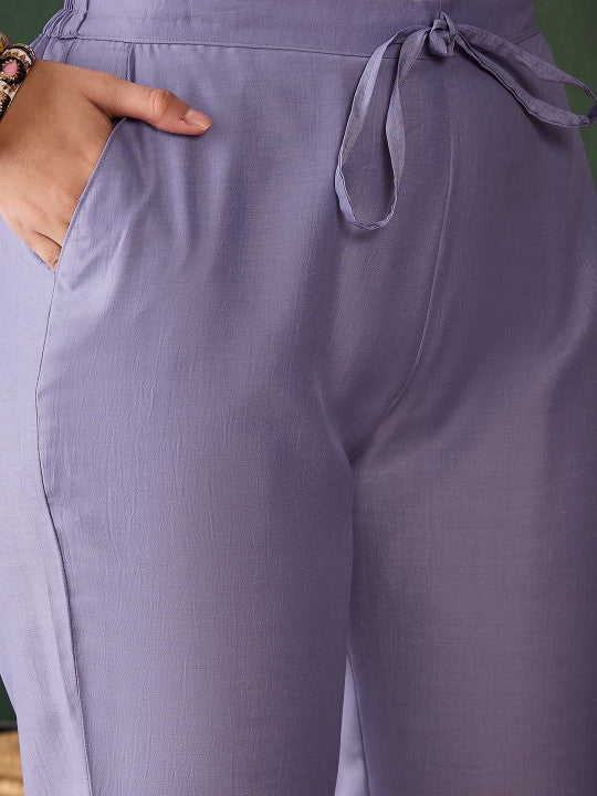 Sangria Embroidered Thread Work Notch Neck Straight Kurta & Trousers With Dupatta