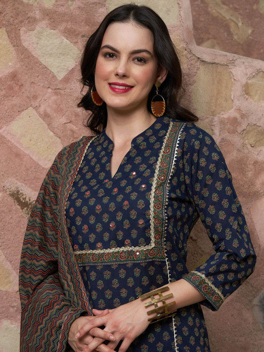 Sangria Floral Printed Pure Cotton Straight Kurta With Trousers & Dupatta