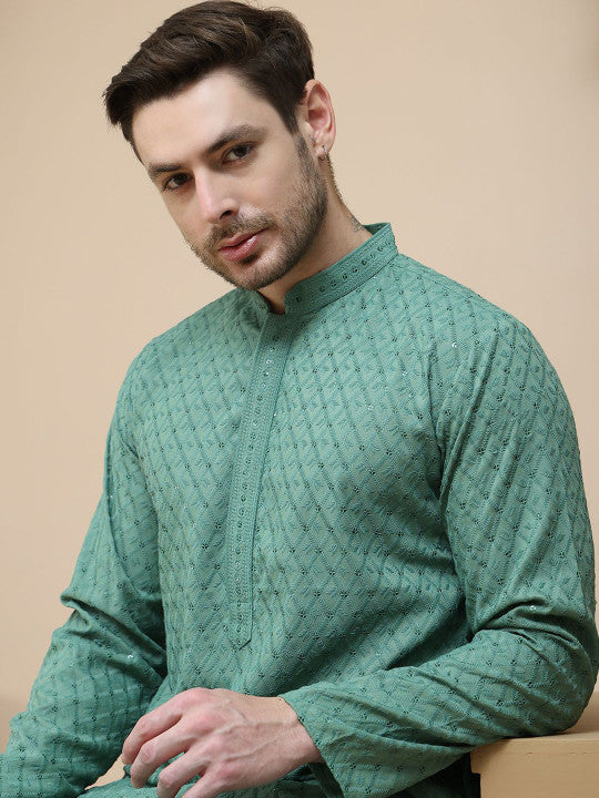 Anouk Men Embroidered Woven Design Mandarin Collar Knee Length Kurta