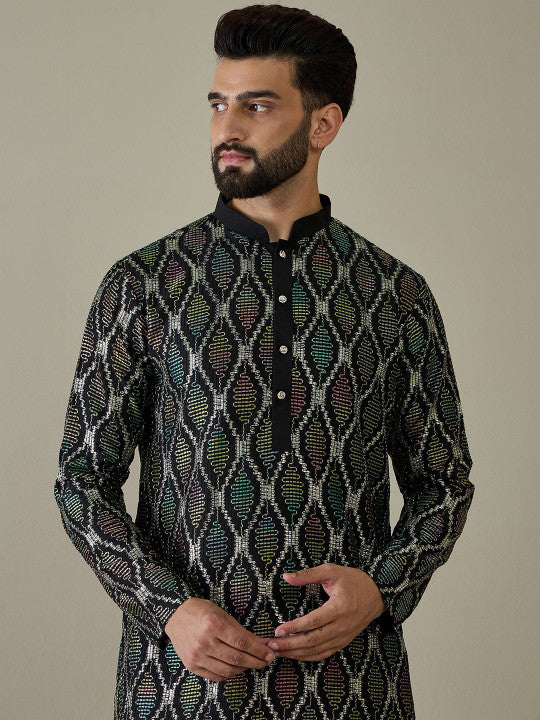 Anouk Black Ethnic Motifs Embroidered Mandarin Collar Straight Kurta