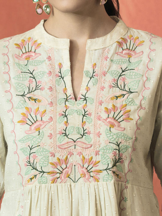 Sangria Floral Embroidered Mandarin Collar Cotton A-Line Kurta With Trouser & Dupatta