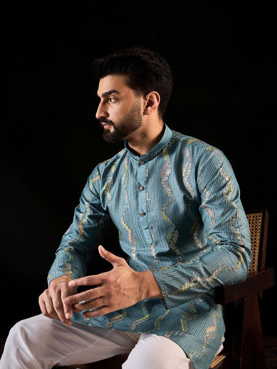 Anouk Teal Blue Geometric Gotta Patti Embroidered Mandarina Collar Straight Kurta