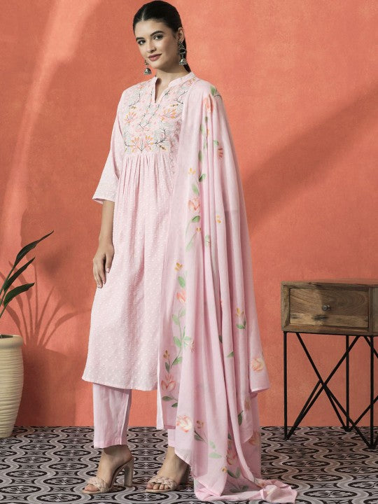Sangria Floral Embroidered Mandarin Collar Cotton A-Line Kurta With Trouser & Dupatta