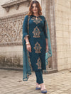 Tikhi Imli Teal Floral Embroidered Thread Work Straight Kurta With Trousers & Dupatta