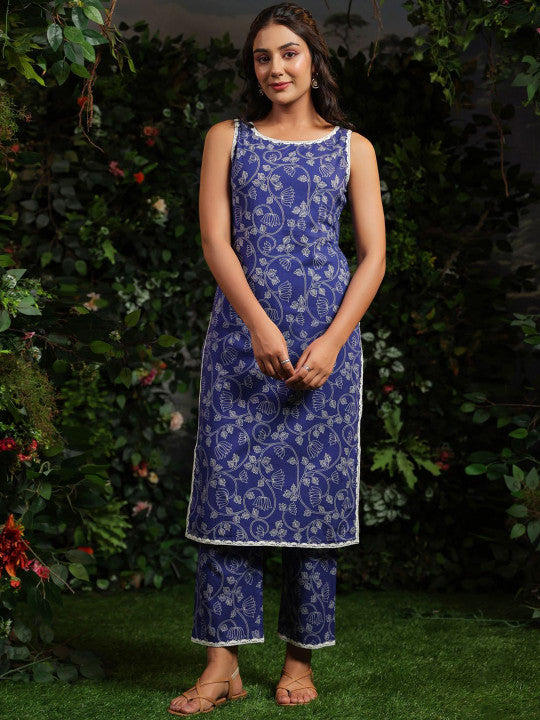 anayna Floral Printed Boat Neck Straight Pure Cotton Kurta With Trousers
